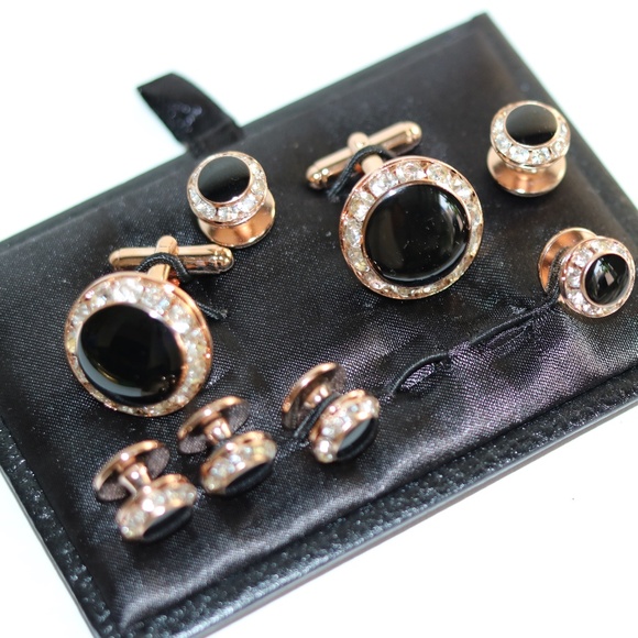 Crystal Cufflinks and Studs Rose Gold Black Onyx Center Stone - Picture 1 of 2